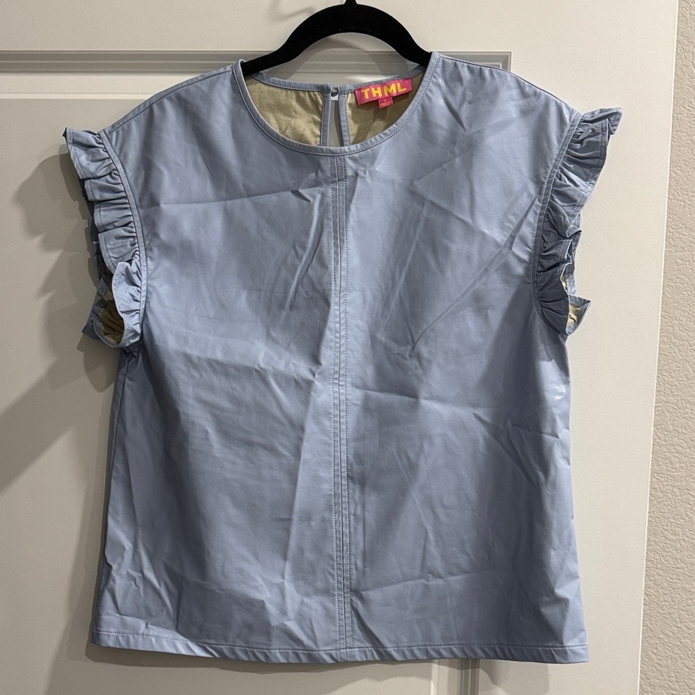 THML Sky Blue Ruffle Sleeve Blouse faux leather sz s